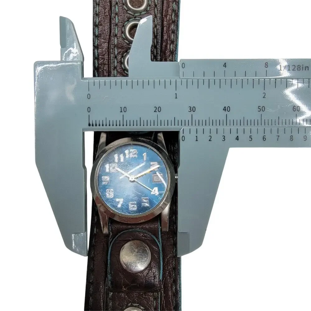 Fossil Wide Cuff Watch Brown Leather Blue Dial Date Indicator Y2K Retro